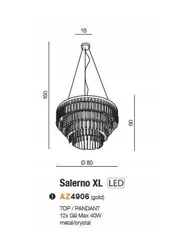 Lampa Kryształowa SALERNO XL GO - Złote Oświetlenie Glamour z 12 Punktami Świetlnymi do Salonu i Jadalni