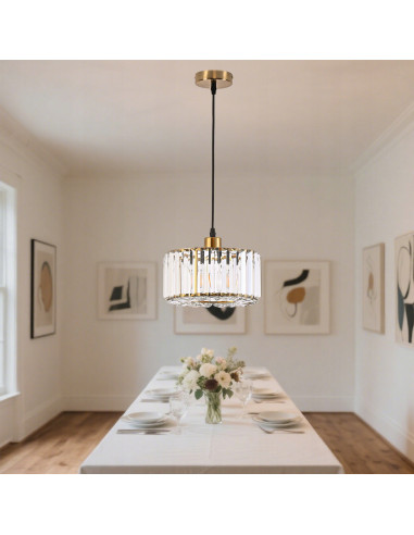 Lampa kryształowa Vetro w kolorze złotym, elegancka, regulowana wysokość do 120 cm, idealna do sypialni i salonu