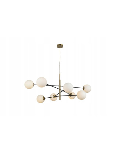 Lampa wisząca Oviedo z 8 białymi kloszami i złotą konstrukcją - eleganckie oświetlenie do wnętrz nowoczesnych.