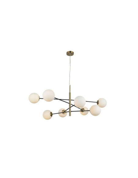 Lampa wisząca Oviedo z 8 białymi kloszami i złotą konstrukcją - eleganckie oświetlenie do wnętrz nowoczesnych.