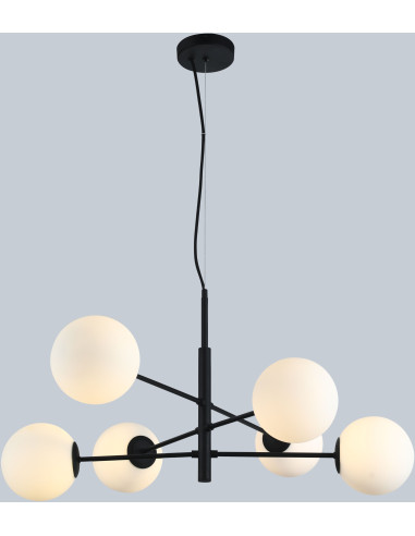 Lampa wisząca Oviedo 6 - czarna, nowoczesne oświetlenie do biura i salonu z białymi kloszami, 6 punktów świetlnych