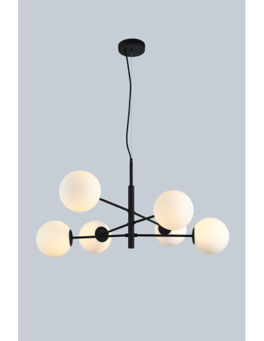 Lampa wisząca Oviedo 6 - czarna, nowoczesne oświetlenie do biura i salonu z białymi kloszami, 6 punktów świetlnych