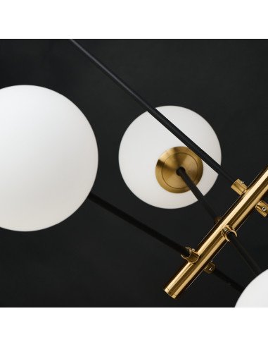 Lampa wisząca Oviedo 6 - Nowoczesna złota elegancja z białymi kloszami, idealna do biura i stylowych wnętrz.