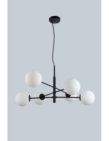 Lampa wisząca Oviedo 6 - czarna, nowoczesne oświetlenie do biura i salonu z białymi kloszami, 6 punktów świetlnych