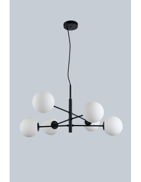 Lampa wisząca Oviedo 6 - czarna, nowoczesne oświetlenie do biura i salonu z białymi kloszami, 6 punktów świetlnych