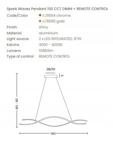 Lampa wisząca AZzardo SPARK WAVES 150 LED z pilotem, złota, nowoczesna do salonu i jadalni