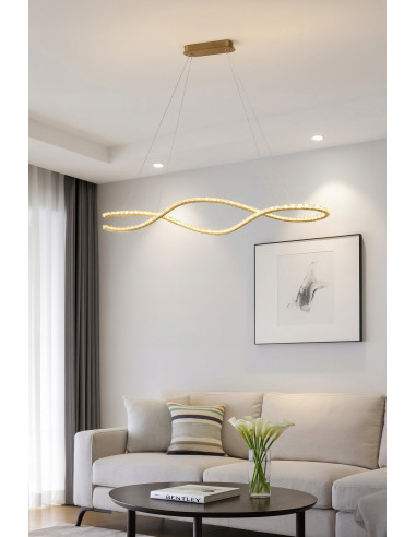 Lampa wisząca SPARK WAVES LED z kryształami, zdalne sterowanie, nowoczesny design, srebrna, 150 cm do salonu i jadalni