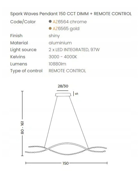 Lampa wisząca SPARK WAVES LED z kryształami, zdalne sterowanie, nowoczesny design, srebrna, 150 cm do salonu i jadalni