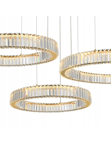Lampa wisząca LED SPARK PENDANT z kryształowymi ringami, regulowana wysokość, elegancki złoty design do nowoczesnych wnętrz.