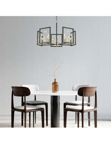 Elegancki żyrandol CAROLINE z kryształami w czarno-złotej ramie, nowoczesny lampion 5xE14 do salonu i jadalni