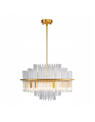 Lampa wisząca LUXORIA w złotym kolorze z szklanymi rurkami - elegancka dekoracja do jadalni i salonu.