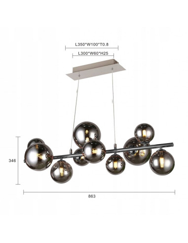 Lampa sufitowa SEVILLA z 10 kulistymi kloszami, czarny chrom, nowoczesny design do salonu i jadalni