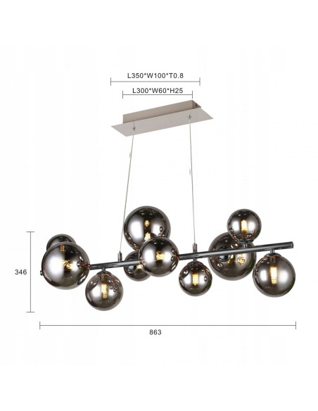 Lampa sufitowa SEVILLA z 10 kulistymi kloszami, czarny chrom, nowoczesny design do salonu i jadalni