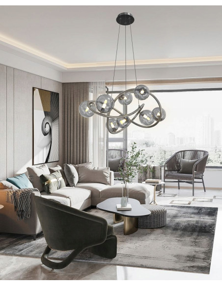 Lampa Wisząca NANCY w Kosmicznym Stylu, 8 Źródeł Światła, Czarny Chrom, 150 cm - Nowoczesna Dekoracja Wnętrza