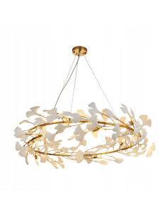 Lampa wisząca RING w złotej ceramice - elegancka lampa do wnętrz hotelowych z regulacją wysokości i 10 punktami świetlnymi.