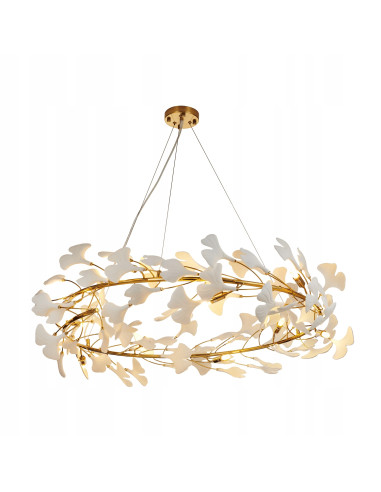 Lampa wisząca RING w złotej ceramice - elegancka lampa do wnętrz hotelowych z regulacją wysokości i 10 punktami świetlnymi.