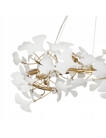 Lampa wisząca RING w złotej ceramice - elegancka lampa do wnętrz hotelowych z regulacją wysokości i 10 punktami świetlnymi.