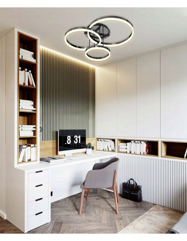 Nowoczesna lampa sufitowa PERPIGNON LED z trzema pierścieniami, czarny chrom, ściemnianie, idealna do eleganckich wnętrz.