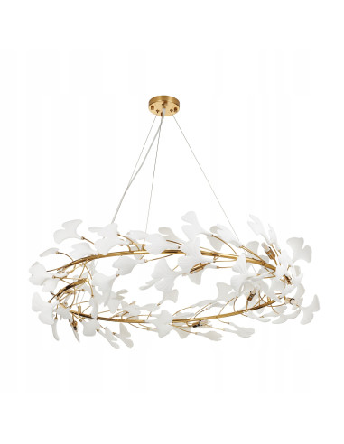 Lampa wisząca RING w złotej ceramice - elegancka lampa do wnętrz hotelowych z regulacją wysokości i 10 punktami świetlnymi.