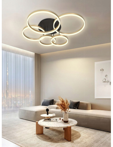 Lampa sufitowa PERPIGNON LED z 5 złotymi okręgami – elegancka, ściemniana lampa do salonu, sypialni i biura.