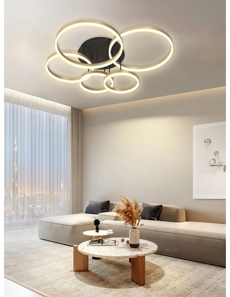 Lampa sufitowa PERPIGNON LED z 5 złotymi okręgami – elegancka, ściemniana lampa do salonu, sypialni i biura.