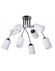 Lampa wisząca Venti CHROM z 8 mlecznymi kloszami – elegancka dekoracja do biura i salonu, nowoczesny design.