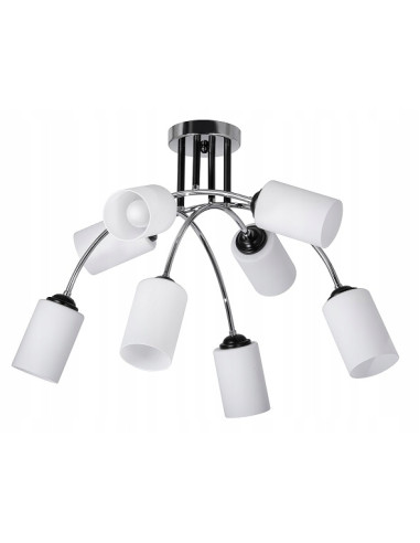 Lampa wisząca Venti CHROM z 8 mlecznymi kloszami – elegancka dekoracja do biura i salonu, nowoczesny design.