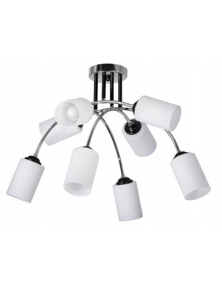 Lampa wisząca Venti CHROM z 8 mlecznymi kloszami – elegancka dekoracja do biura i salonu, nowoczesny design.