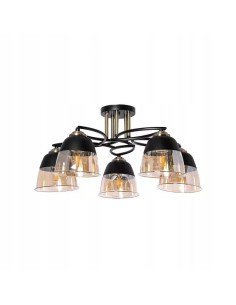 Elegancki czarny żyrandol vintage z bursztynowymi kloszami, 5-punktowe oświetlenie sufitowe do każdego wnętrza