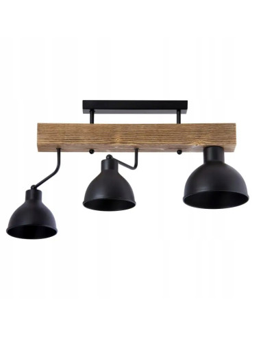 Loftowa lampa sufitowa z drewnianą listwą i 3 czarnymi kloszami - elegancka, nowoczesna dekoracja do każdego wnętrza