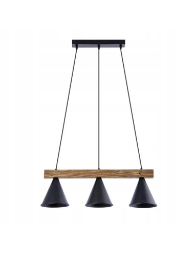 Nowoczesna lampa wisząca loftowa 61 cm z drewnianą belką i czarnymi kloszami do jadalni i salonu