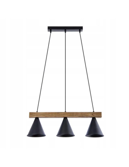 Nowoczesna lampa wisząca loftowa 61 cm z drewnianą belką i czarnymi kloszami do jadalni i salonu