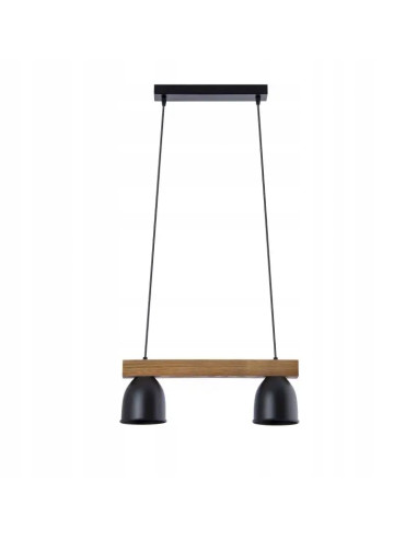 Nowoczesna lampa wisząca E27 z drewnianą listwą i metalowymi kloszami - czarna, idealna do stylowych wnętrz.