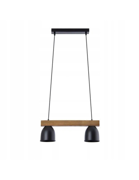 Nowoczesna lampa wisząca E27 z drewnianą listwą i metalowymi kloszami - czarna, idealna do stylowych wnętrz.