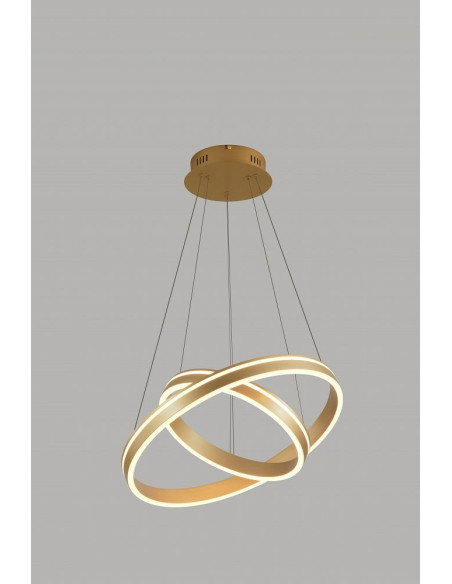 Lampa wisząca VIVIES AVIANO LIGHTING, matowe złoto, nowoczesne podwójne obręcze, elegancki design do wnętrz.