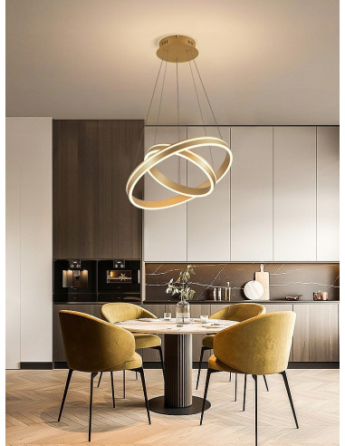 Lampa wisząca VIVIES AVIANO LIGHTING, matowe złoto, nowoczesne podwójne obręcze, elegancki design do wnętrz.
