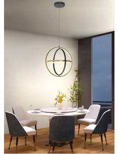 Nowoczesna lampa wisząca LORIA LED – czarna/złota, 3 obręcze, regulacja wysokości, 3000 lumenów, ściemniana.