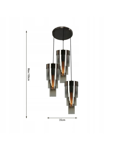 Lampa wisząca GRANS w czarnym chromie z cylindrycznymi kloszami E27, nowoczesna, 3-punktowa do każdego wnętrza