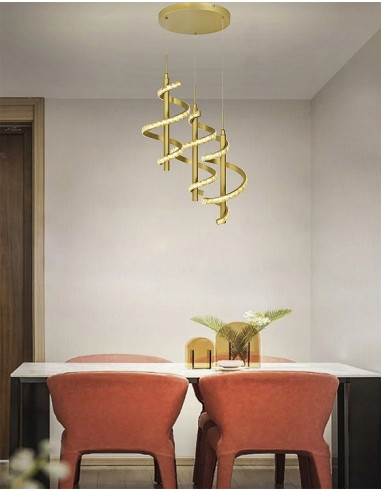 Nowoczesna lampa wisząca CLARET LED spiralna z mosiężnym wykończeniem, 3100 lumenów, ściemnianie, AVIANO LIGHTING
