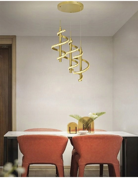 Nowoczesna lampa wisząca CLARET LED spiralna z mosiężnym wykończeniem, 3100 lumenów, ściemnianie, AVIANO LIGHTING