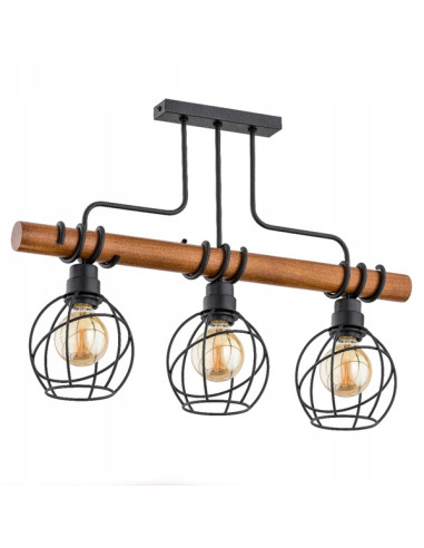 Lampa sufitowa FIBIA DRATO 3-punktowa z drewna i metalu, industrialna do jadalni i salonu