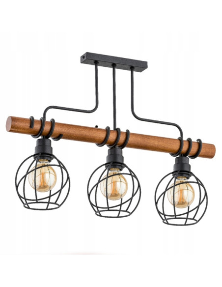 Lampa sufitowa FIBIA DRATO 3-punktowa z drewna i metalu, industrialna do jadalni i salonu