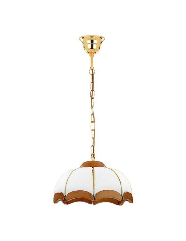 Lampa sufitowa SIKORKA DREWNIANA - elegancki żyrandol z białym kloszem i złotym przewodem do nowoczesnych wnętrz.