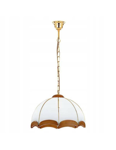 Żyrandol Sikorka z drewna mahoniowego i złotym łańcuchem – elegancka lampa do salonu i jadalni