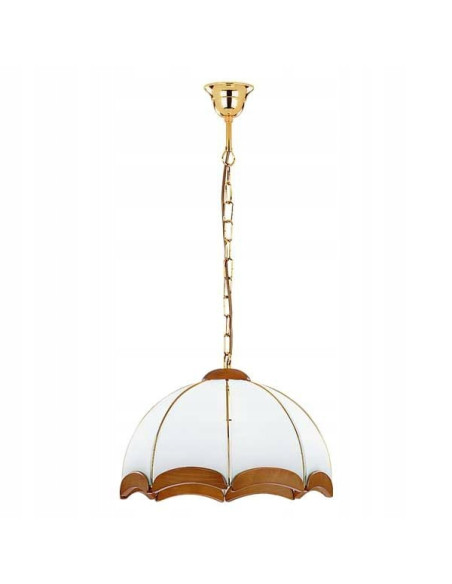 Żyrandol Sikorka z drewna mahoniowego i złotym łańcuchem – elegancka lampa do salonu i jadalni