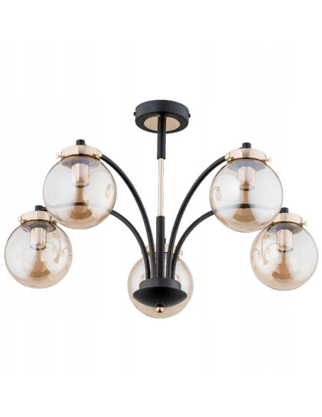 Lampa wisząca VIOLA w czerni i złocie, 5-punktowy żyrandol z bursztynowymi akcentami, możliwość ściemniania do wnętrz