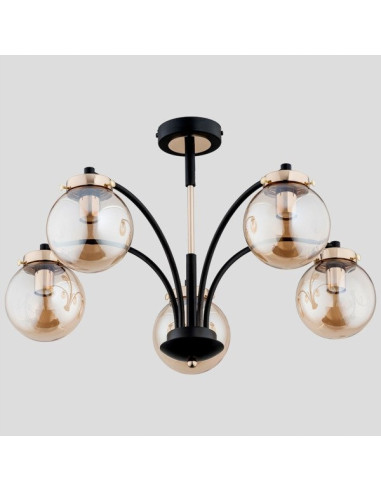 Lampa wisząca VIOLA w czerni i złocie, 5-punktowy żyrandol z bursztynowymi akcentami, możliwość ściemniania do wnętrz