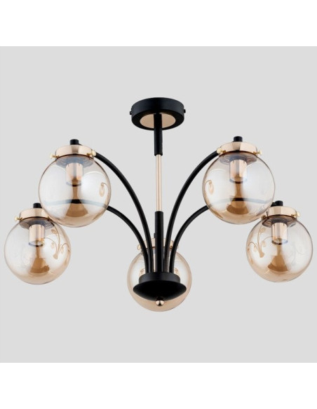 Lampa wisząca VIOLA w czerni i złocie, 5-punktowy żyrandol z bursztynowymi akcentami, możliwość ściemniania do wnętrz