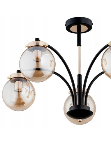 Lampa wisząca VIOLA w czerni i złocie, 5-punktowy żyrandol z bursztynowymi akcentami, możliwość ściemniania do wnętrz