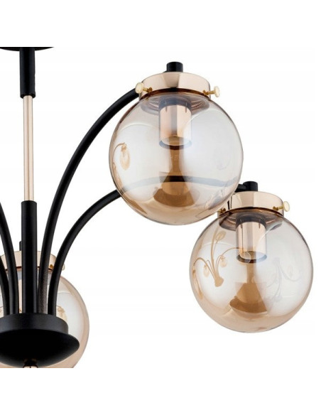 Lampa wisząca VIOLA w czerni i złocie, 5-punktowy żyrandol z bursztynowymi akcentami, możliwość ściemniania do wnętrz